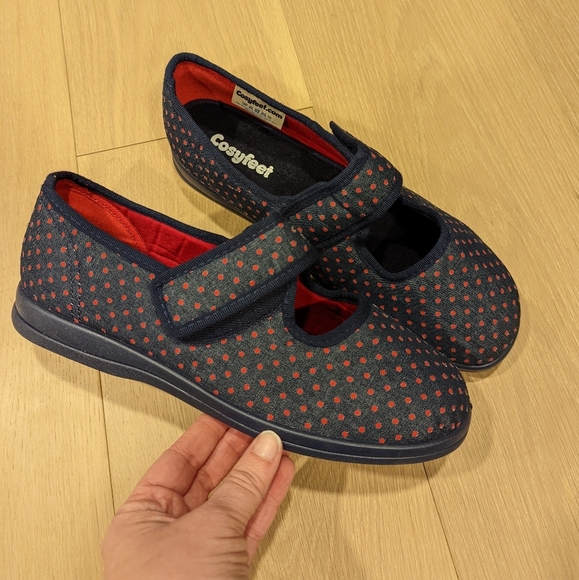 Cosyfeet Navy and Red Polka Dot Mary Jane Shoes extra wide - Picture 10 of 10